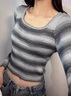 柯蘭娜設(shè)計(jì)感條紋方領(lǐng)短款上衣女長(zhǎng)袖t恤女春秋甜辣修身內(nèi)搭打底針織衫 黑色長(zhǎng)袖 均碼 適合70-90斤 曬單實(shí)拍圖