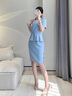 AD職業(yè)裝穿搭氣質(zhì)女神范套裝女時(shí)尚工作服中袖假兩件連衣裙工裝裙 短袖藍色連衣裙 S 曬單實(shí)拍圖