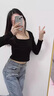 嫻柔 黑色短款上衣女方領(lǐng)長(cháng)袖緊身性感t恤露臍修身高腰打底衫女內搭 黑色 方【短款】 M 曬單實(shí)拍圖