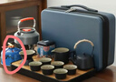 聚晟戶外茶具套裝帶燒水壺爐全套煮茶便攜包戶外功夫車載野外露營泡茶 黑陶提梁壺戶外茶具+藍(lán)色硬PVC包 曬單實(shí)拍圖