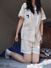貓人 MiiOW睡衣女士夏季2025年新款帶胸墊冰絲云朵棉質(zhì)可外穿夏天短袖家居服 彩藍條紋熊貓【兩件套帶胸墊】 M 身高155-160cm/體重約80-95斤 曬單實拍圖