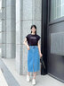 百圖betu女裝夏季新款半身裙復(fù)古百搭氣質(zhì)高腰前開(kāi)叉裙女2405X13 牛仔色 M 曬單實(shí)拍圖
