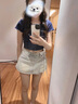 Ady Glenna假兩件牛仔短褲女季A字高腰不規則洋氣綁帶裙褲小個(gè)子辣妹褲子 奶藍色 M 曬單實(shí)拍圖
