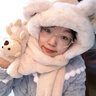 溪谷幽幽小熊帽子圍巾口罩一體手套女冬季冬天毛絨連帽圍脖可愛(ài)保暖三件套 曬單實(shí)拍圖
