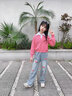 卡兔藍(lán)貓（KATULANMAO）女童牛仔褲春秋款2024新款洋氣兒童春裝套裝春季女大童直筒褲春款 粉色MU牛仔褲 150cm 曬單實拍圖