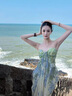MISS YINER法式絕美吊帶長(zhǎng)裙海邊度假綠色印花連衣裙海島裙三亞拍照沙灘裙子 半城綠樹 S 曬單實(shí)拍圖
