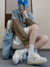 思倫鳥(niǎo)小熊刺繡板鞋女款2025新款春秋季百搭輕便小白鞋復(fù)古厚底德訓(xùn)女鞋 米藍(lán)色 37 曬單實(shí)拍圖