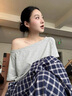 燦圖慵懶風(fēng)格子休閑褲女夏季新款小個(gè)子高腰寬松闊腿褲子百搭直筒長褲 藏藍(lán)色 M 曬單實(shí)拍圖