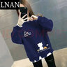 LNAN女裝卡通衛衣女加絨2025新款春秋裝韓版百搭寬松假兩件印花上衣 藏藍色-慵懶貓白字 XL_建議120-140斤 曬單實(shí)拍圖