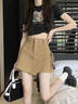 紅蜻蜓（RED DRAGONFLY）卡其色牛仔短褲裙女夏年新款薄款辣妹寬松高腰顯瘦直筒短褲子 卡其色 L 【建議112-122斤】 曬單實(shí)拍圖