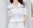 歐莎（OSA）V領(lǐng)幾何提花短袖針織衫女夏季新款溫柔氣質(zhì)冰絲輕薄T恤短款上衣 藍(lán)色 L 曬單實(shí)拍圖