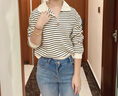 FOX.Gpolo領(lǐng)衛(wèi)衣外套女士2025新款秋裝女裝秋季穿搭長袖秋冬衣服針織衫 杏色條紋polo領(lǐng)長袖針織衫 均碼 【建議120斤內(nèi)】 曬單實(shí)拍圖