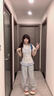 韓系撞色格紋拼接假兩件短袖t恤女夏季新款修身顯瘦蝴蝶結(jié)上衣服 白灰色 M 曬單實(shí)拍圖
