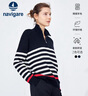 Navigare意大利小帆船女士長(cháng)袖針織衫秋冬款舒適半開(kāi)領(lǐng)上衣翻領(lǐng)條紋毛衣女 暗夜黑/白 L 碼 曬單實(shí)拍圖