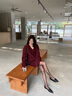 RUIQIUER針織連衣裙女冬季新款女裝v領(lǐng)毛衣高腰半身裙子小個(gè)子休閑套裝 酒紅色 S 曬單實(shí)拍圖