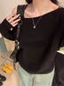 早秋裝2025明星同款黑色斜角肩長(cháng)袖T恤女打底衫一字露肩慵懶上衣 黑色 S 【110斤以下】 曬單實(shí)拍圖
