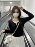 拼色假兩件設(shè)計(jì)感打底衫內(nèi)搭長袖t恤女春秋新款修身正肩短款上衣 黑色 M （90-100斤） 曬單實(shí)拍圖