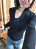 妙奕嘉黑色長袖t恤女春秋季新款內(nèi)搭v領(lǐng)打底衫女士打底衣洋氣款可外穿 百搭黑扭結(jié)設(shè)計修身打底衫 M 【建議80-100斤】 曬單實拍圖