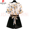 皮爾卡丹（pierre cardin）大碼女裝2025夏裝新款洋氣減齡遮肚雪紡衫胖妹妹時(shí)尚顯瘦短褲套裝 黑色短褲+上衣【可鹽可甜 套裝】 L 100-120斤 曬單實(shí)拍圖
