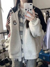 oversize美式條紋撞色韓系早秋衛衣女春秋季薄款寬松開(kāi)衫拉鏈外套 白灰色【春秋薄款】 M (1) 曬單實(shí)拍圖