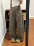 魯雅爾灰綠色復古闊腿工裝褲女秋季新款休閑褲高腰顯瘦小個(gè)子彎刀運動(dòng)褲 灰綠色 L 曬單實(shí)拍圖