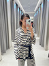 UR2025秋季新款女裝休閑撞色條紋系帶V領(lǐng)針織開衫UWH950130 深藍(lán)色條紋 M 曬單實(shí)拍圖