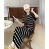 斐特瑪條紋針織短袖t恤連衣裙女慵懶風(fēng)夏季新款寬松顯瘦直筒休閑長裙子 黑杏條 XL（適合120-140斤） 曬單實拍圖