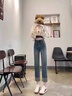 莫代爾撞色卷邊高腰牛仔褲女裝2025春春秋新款顯瘦直筒褲紐扣百搭煙管褲 復古色九分[款]  加絨 28 推薦106113斤 曬單實(shí)拍圖