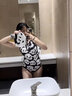 洲克（ZOKE）泳衣女連體三角游泳衣訓練競技款無(wú)胸杯款游泳裝休閑度假溫泉泳衣 黑白粉小熊無(wú)胸墊 2XL 曬單實(shí)拍圖