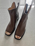 Ehangy法式復古小短靴粗跟馬丁靴女秋冬金屬方頭瘦瘦靴真皮短筒高跟靴子 棕色【絨里】 【真皮】 39 【標準尺碼】 曬單實(shí)拍圖