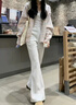 燦圖加絨微喇休閑褲女秋冬季新款加厚窄版直筒衛褲小個(gè)子高腰運動(dòng)褲子 白灰色加絨款 M 曬單實(shí)拍圖