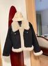 若卡姿牛仔短款拼接毛毛上衣加厚棉服秋冬炸街羊羔毛絨外套女 黑色 M 曬單實(shí)拍圖