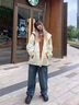gxmy日系假兩件夾克外套男生休閑套裝春秋季酷帥穿搭一整套衣服男裝潮 【三件套】杏色+純棉長(zhǎng)T白+淺藍(lán) XL 曬單實(shí)拍圖