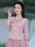 煙花燙小個(gè)子女式襯衫2025秋裝新款氣質(zhì)V領(lǐng)顯瘦七分袖上衣ZG 笙涼 粉色印花（上衣） S 曬單實(shí)拍圖