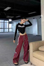 曼迪尚美式復(fù)古嘻哈工裝褲街舞闊腿抽繩男女寬松新款顯瘦休閑運動褲長褲 紅色 L 曬單實拍圖