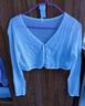 樂(lè )町鏤空針織開(kāi)衫春夏新款空調衫V領(lǐng)廓形長(cháng)袖罩衫薄款貝殼衫 水藍色（現貨） M 曬單實(shí)拍圖