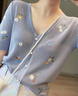 羅蒙（ROMON）法式刺繡冰絲V領(lǐng)針織衫短袖T恤女上衣2026新款春夏季百搭純色內搭 淺藍色 S 曬單實(shí)拍圖