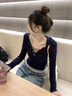 法式假兩件連帽打底衫長(zhǎng)袖t恤女春秋2025新款小個(gè)子內(nèi)搭短款上衣 藏青色 M 曬單實(shí)拍圖