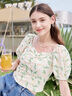 百圖betu女裝夏季新款襯衫法式方領(lǐng)郁金香繡花短袖襯衫女2306T21 綠色 M 曬單實(shí)拍圖