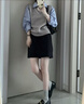 妃奧絨假兩件條紋拼接針織長(cháng)袖襯衫女休閑百搭學(xué)院風(fēng)秋冬疊穿毛衣上衣潮 灰色 M 100-110斤 曬單實(shí)拍圖