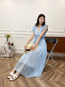 DPLAY2025年夏裝溫柔氣質(zhì)藍色連衣裙女法式長裙禮服公主裙沙灘裙 晴空藍 M 曬單實拍圖