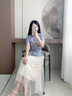 芭蒂娜新中式旗袍領(lǐng)印花t恤短款上衣女2024夏季新款立領(lǐng)壓褶短袖 藍(lán)印花 M 曬單實(shí)拍圖