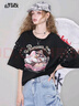妖精的口袋白色印花綁帶拼接短袖t恤女2025年夏季新款設計感上衣 海盜黑色 S 曬單實(shí)拍圖