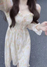 詩(shī)蒂淑法式碎花裙吊帶春夏溫柔風(fēng)初戀女生純欲風(fēng)小個(gè)子中長(cháng)款仙女連衣裙 杏色花（長(cháng)袖） M 曬單實(shí)拍圖