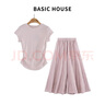 百家好（Basic House）Basic House/百家好夏萊賽爾甜美套裝褶皺針織短袖闊腿裙褲兩件套 粉色 L 曬單實(shí)拍圖