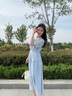 香影溫柔風(fēng)藍色連衣裙女2025夏季新款法式泡泡袖氣質(zhì)圓領(lǐng)顯瘦裙子 藍色 S 曬單實(shí)拍圖