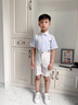 米詩(shī)德主持人服裝男童短袖短褲夏季西裝套裝兒童男孩婚禮花童禮服 藍星點(diǎn)襯衫+白條馬甲+白條短褲 130cm 曬單實(shí)拍圖