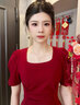 GARNUO紅色短袖連衣裙女夏季法式訂婚禮服敬酒服日?？纱┘t裙子收腰長(cháng)裙 紅色【短袖長(cháng)款】 XS【80-100斤】 曬單實(shí)拍圖
