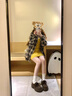 萬欣兒慵懶BF風(fēng)polo領(lǐng)格子襯衫外套女秋季2025款寬松中長款長袖衫 少女黑 M _建議91-100斤 曬單實拍圖