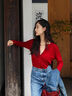 Henny Rue女士針織衫女本命年紅色打底衫秋冬韓系羊毛系扣坑條修身顯瘦毛衣 胭脂紅 M (80-120斤） 曬單實(shí)拍圖